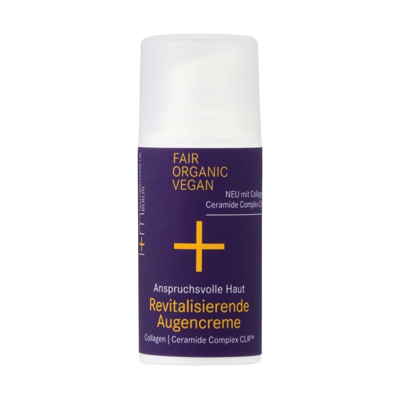 Zylinderförmige Augencreme-Flasche mit weißem Deckel. Auf lila Hintergrund steht "FAIR ORGANIC VEGAN" und "Revitalisierende Augencreme".