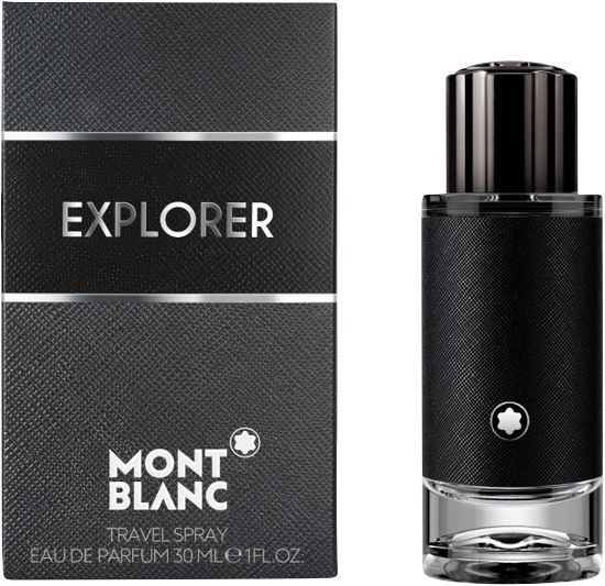 Montblanc Explorer Travel Spray. Schwarze Verpackung mit silberner Schrift. Flakon mit schwarzem Lederimitat.
