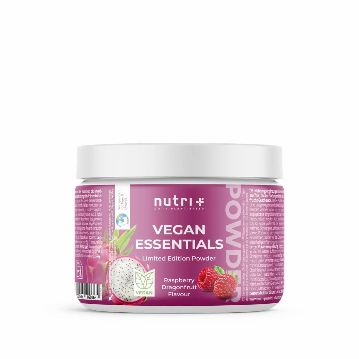 Runde Dose mit weißem Deckel. Aufschrift: nutri+ Vegan Essentials, Raspberry Dragonfruit Flavour. Vegan-Siegel.