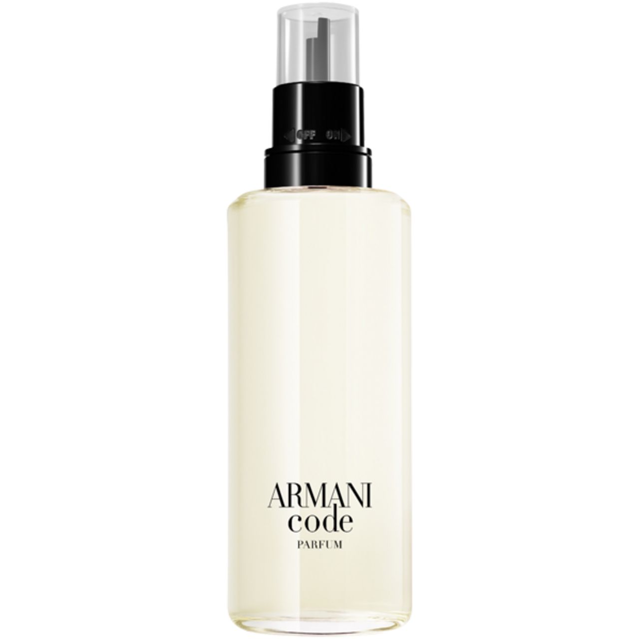 Parfümflakon mit Sprühkopf. Schwarzer Verschluss, transparente Flüssigkeit. Schriftzug: Armani Code Parfum.