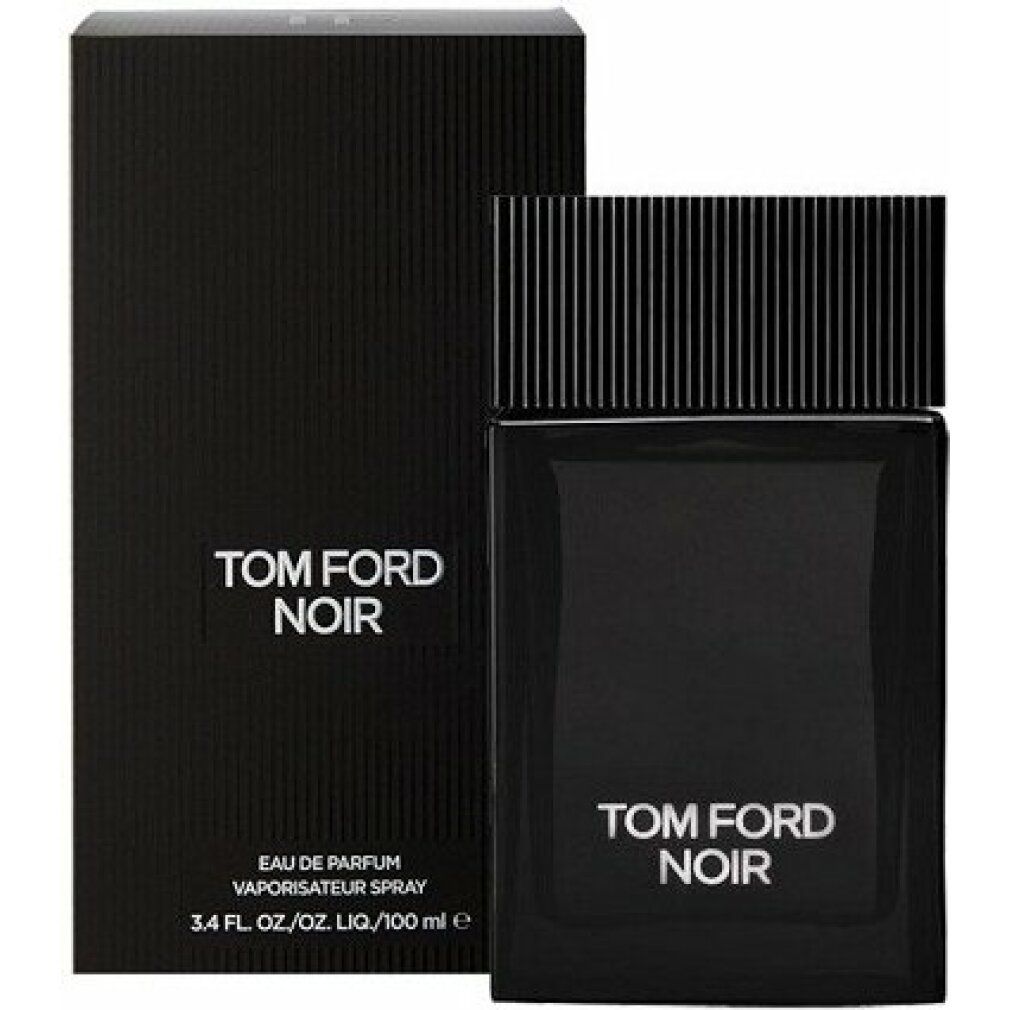 Schwarzer Flakon und Verpackung. Aufschrift TOM FORD NOIR in Weiß. Text auf der Verpackung.