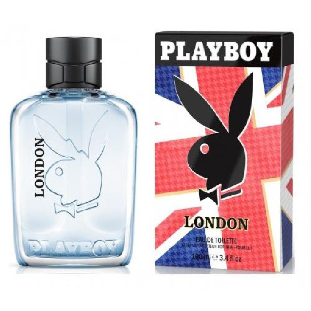 Playboy London Eau de Toilette Spray-Flasche und -Verpackung. Flasche mit Logo. Verpackung mit Union Jack-Design und Playboy-Logo.