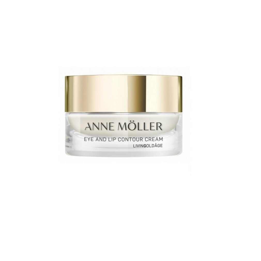 Creme-Tiegel mit goldfarbenem Deckel. Beschriftung: ANNE MÖLLER, EYE AND LIP CONTOUR CREAM, LIVINGOLDÂGE.