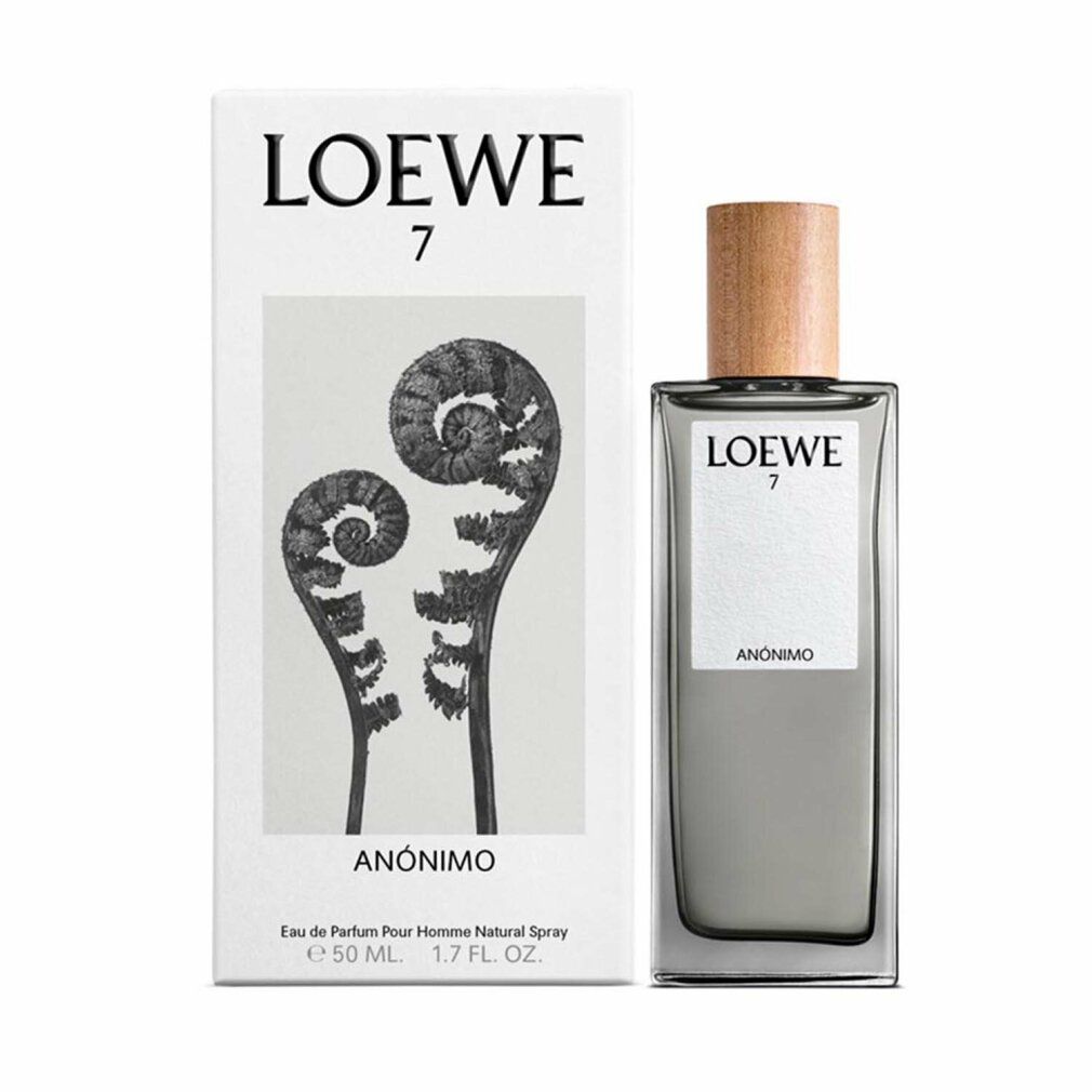 Glasflakon mit Holzverschluss und Verpackung. Auf der Verpackung steht "LOEWE 7 ANONIMO".