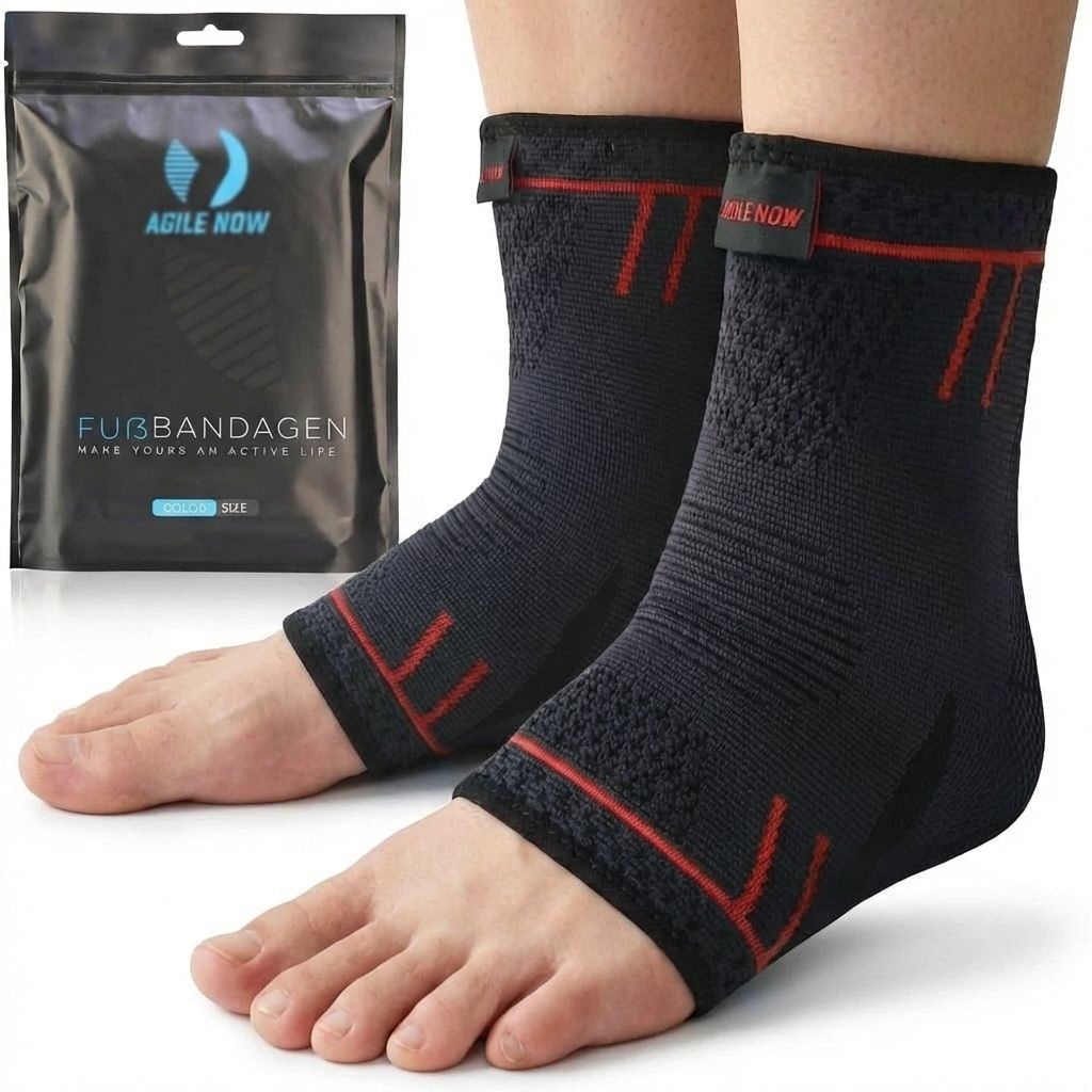 Zwei schwarze Sprunggelenkbandagen. Verpackung mit Logo AGILE NOW. Text: FUSSBANDAGEN.