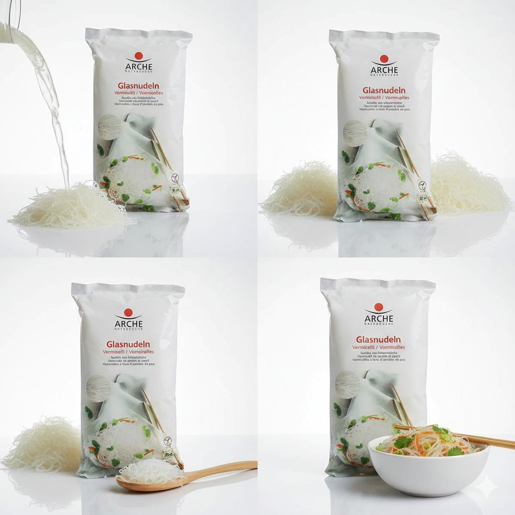Arche Glasnudeln glutenfrei: Beutel mit Glasnudeln, daneben ein Haufen Nudeln und eine Schüssel mit Nudelsalat.