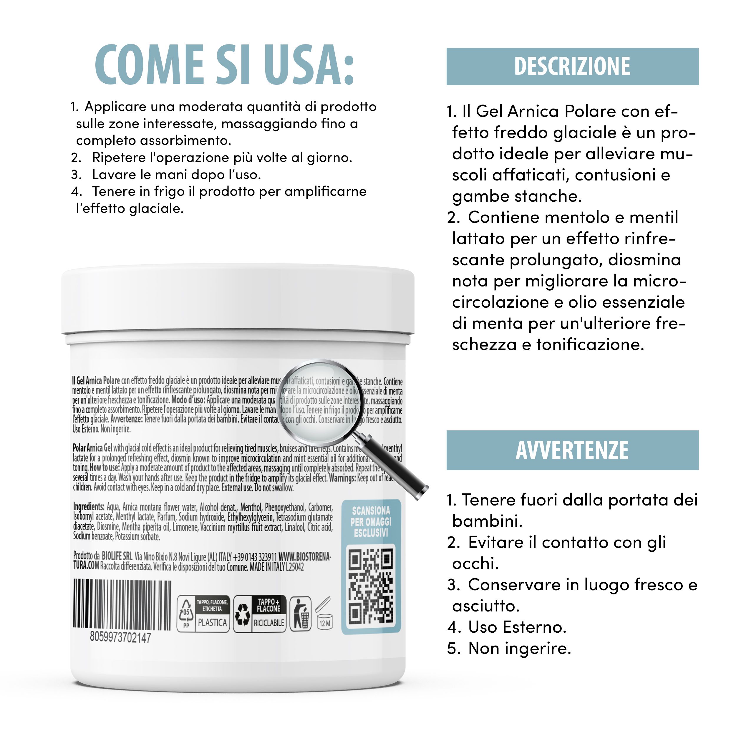 Weißes Produktglas mit Text und Anweisungen. Text: Gel Arnica Polare, Beschreibung, Anwendung, Warnhinweise. QR-Code.