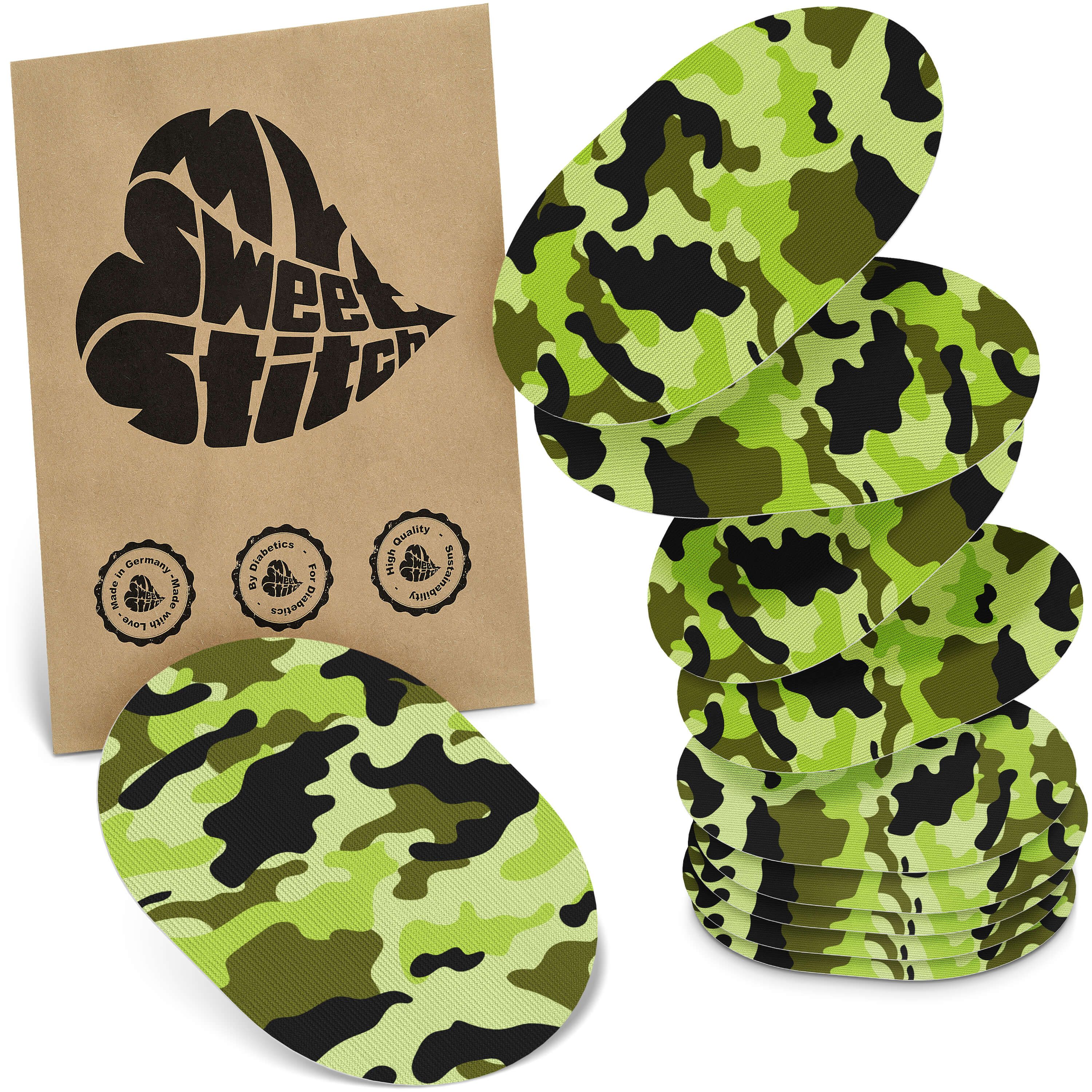 Oval geformte Pflaster mit Camouflage-Muster. Verpackung mit Logo "My Sweet Stitch".
