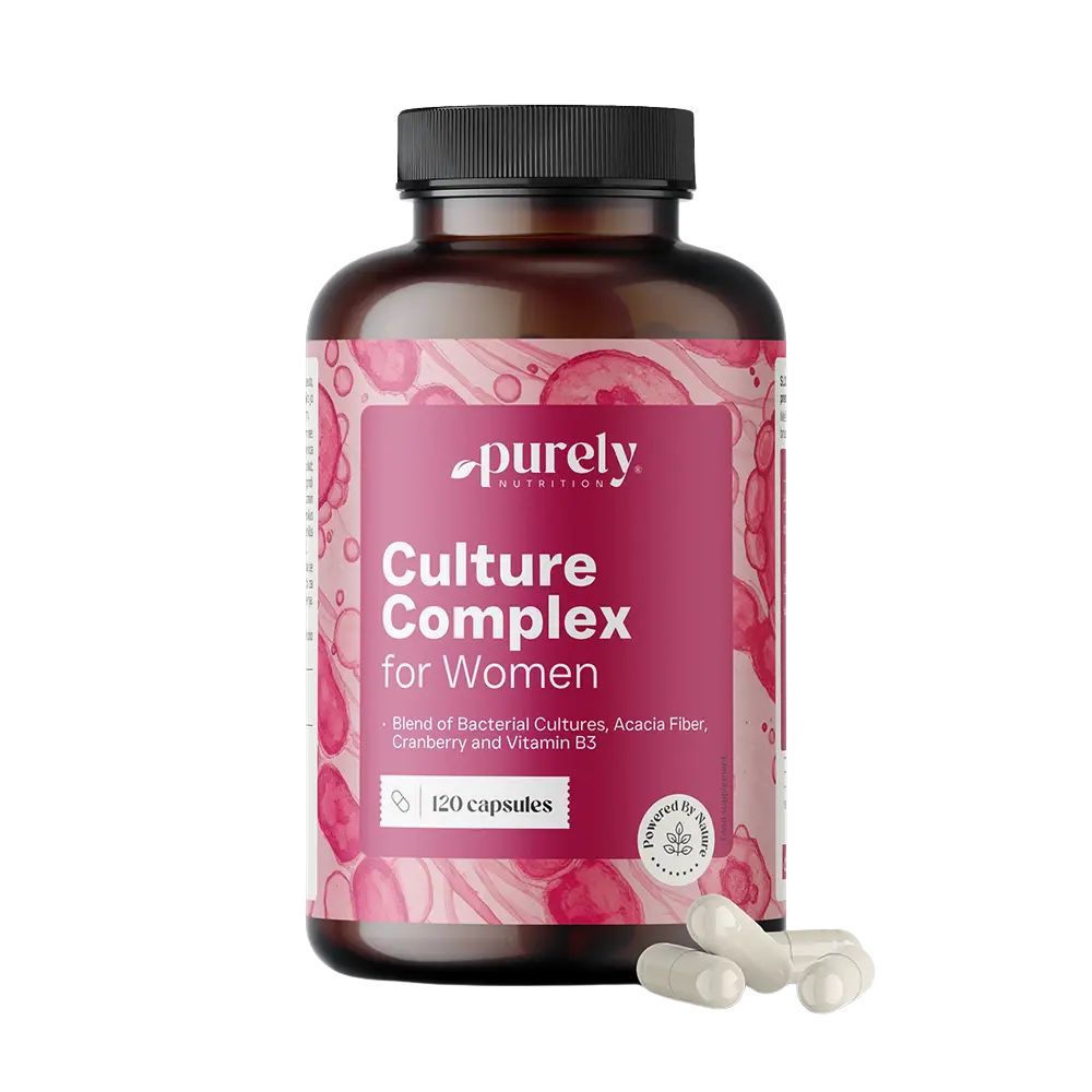 Braune Flasche mit Kapseln. Aufschrift: Culture Complex for Women. 120 Kapseln. Mit Zertifizierung.