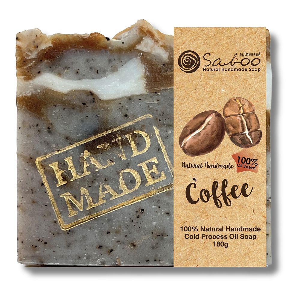 Kaffeeseife mit Aufdruck "Hand Made" und Verpackung. Logo und Schriftzug "Saboo".