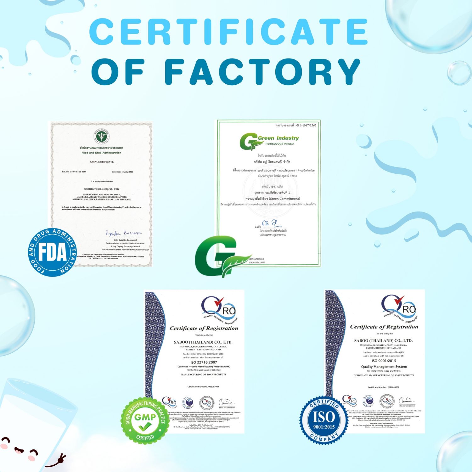 Zertifikate der Fabrik. FDA, GMP, ISO. Logos und Text in verschiedenen Sprachen.