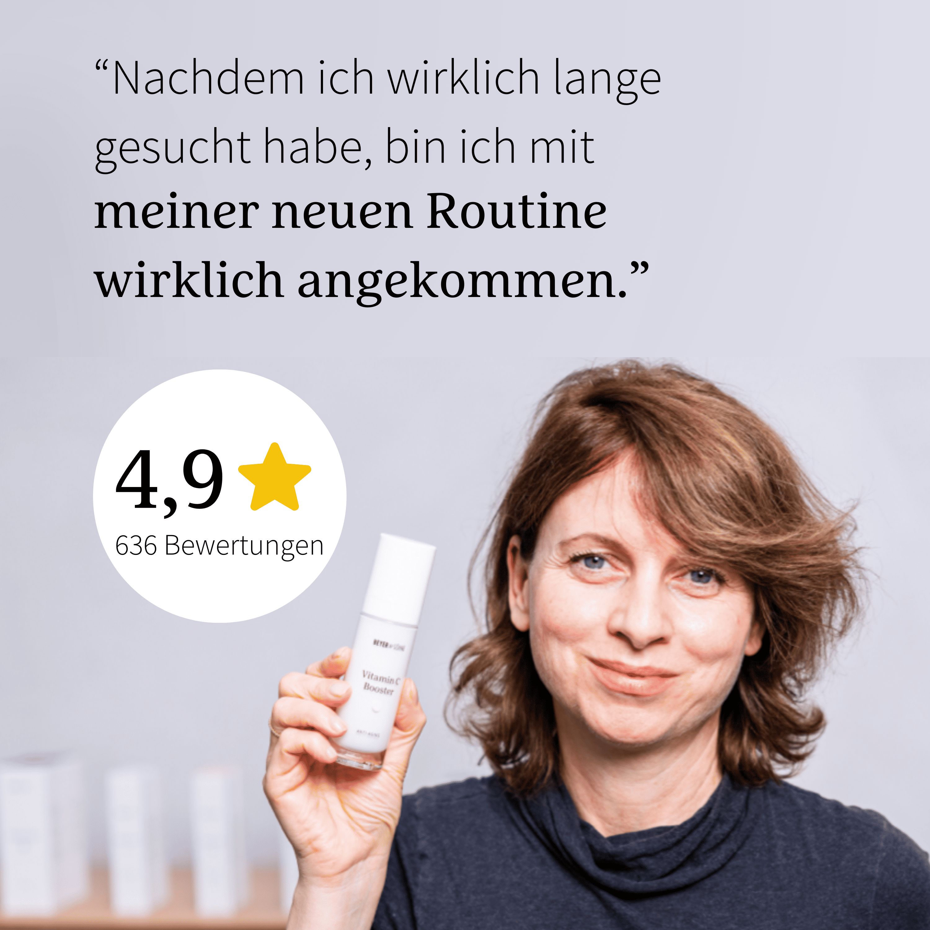 Frau hält Serumflakon. Text: '4,9 Sterne' und '636 Bewertungen'.
