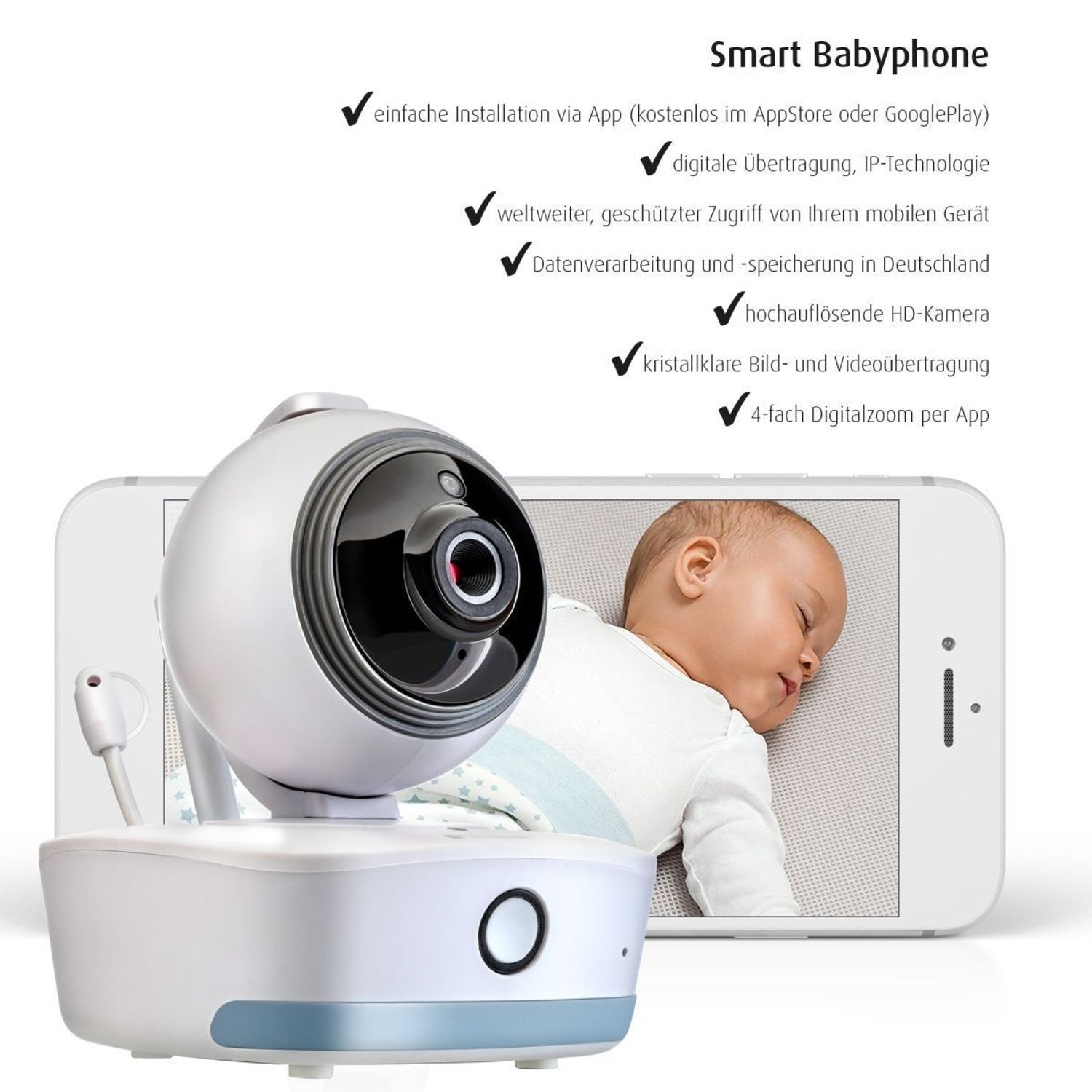 Babykamera vor einem Smartphone, das ein schlafendes Baby zeigt. Text über Funktionen.