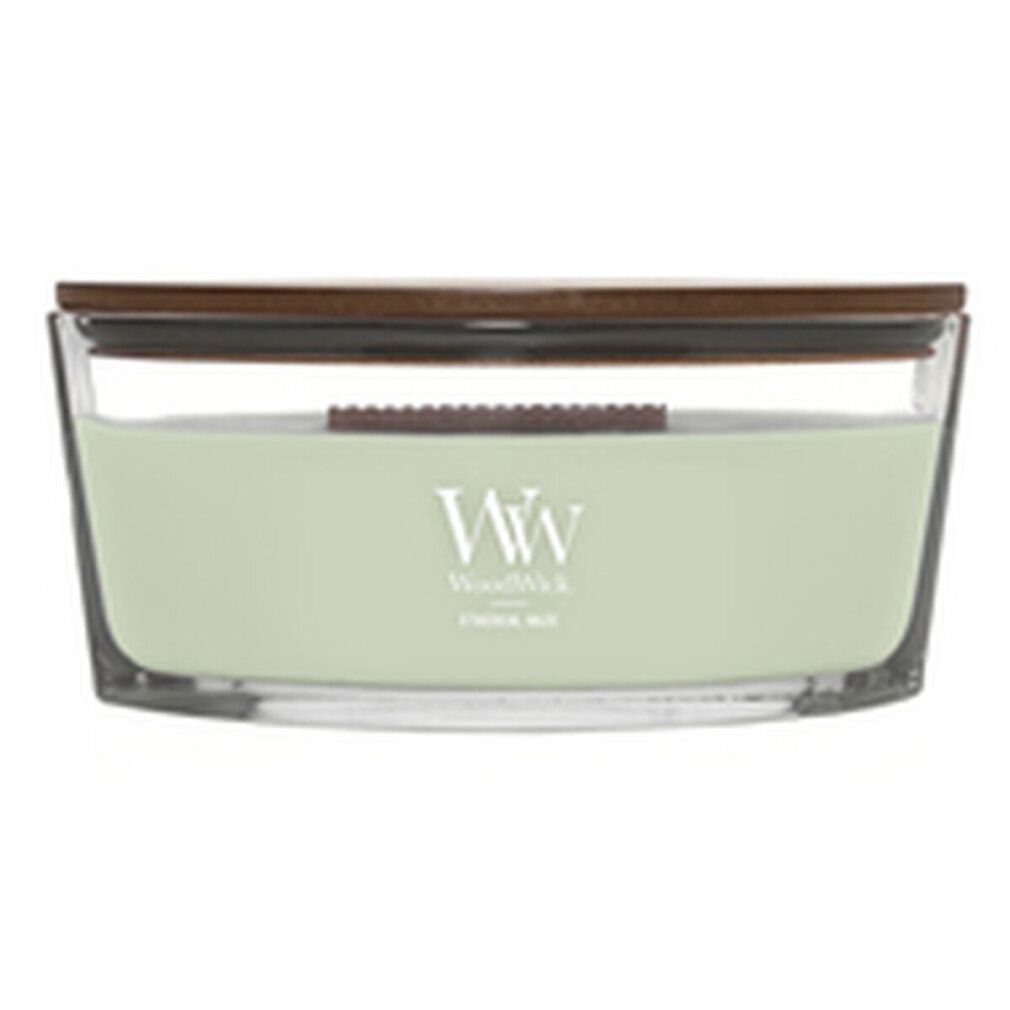 Ellipsenförmige Kerze mit Holzdeckel. Glasbehälter mit hellgrünem Wachs. Marke WoodWick, Text: Ethereal Haze.