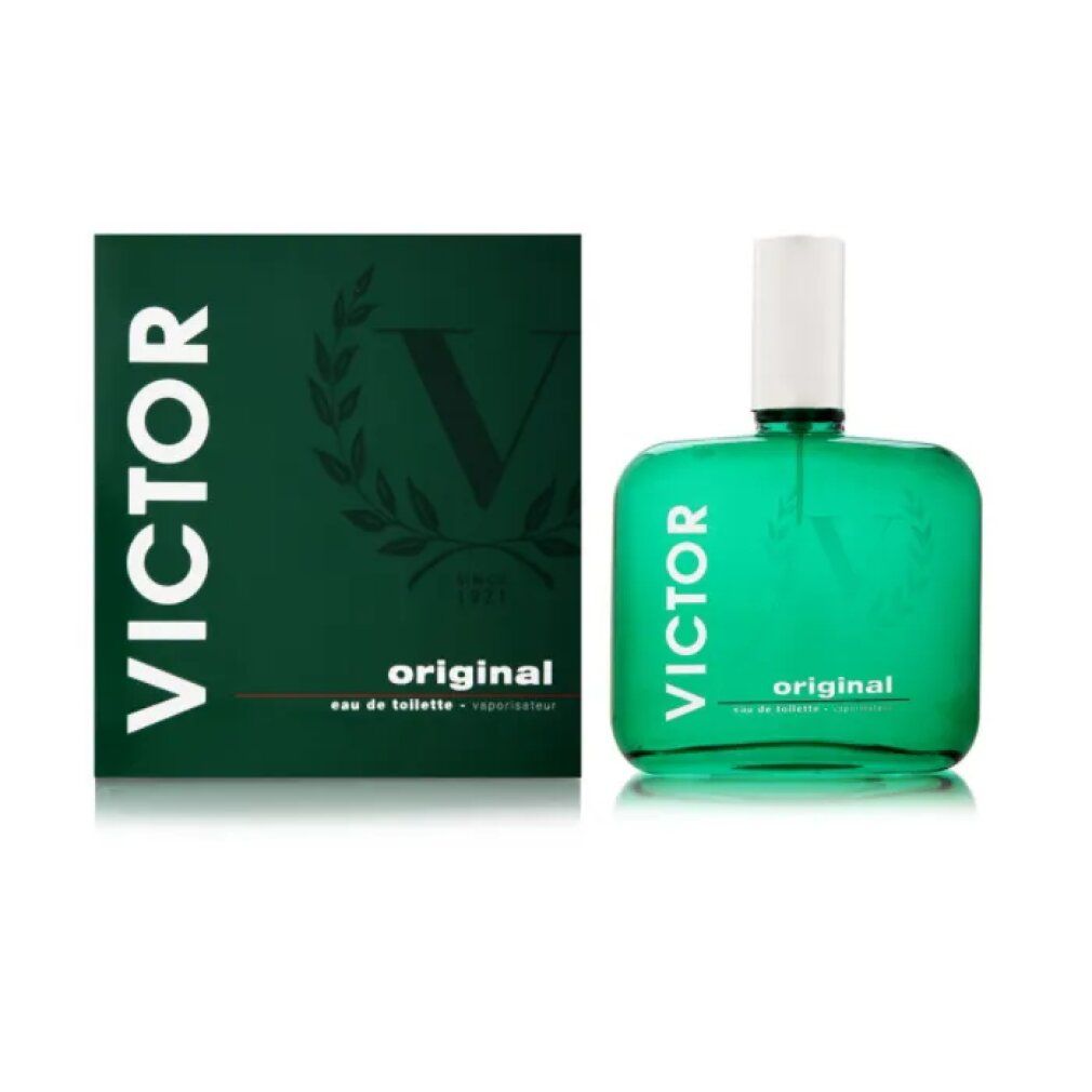 Grüne Flasche und Schachtel von Victor Original Eau De Toilette Spray. Aufschrift: VICTOR, original, eau de toilette + vaporisateur.