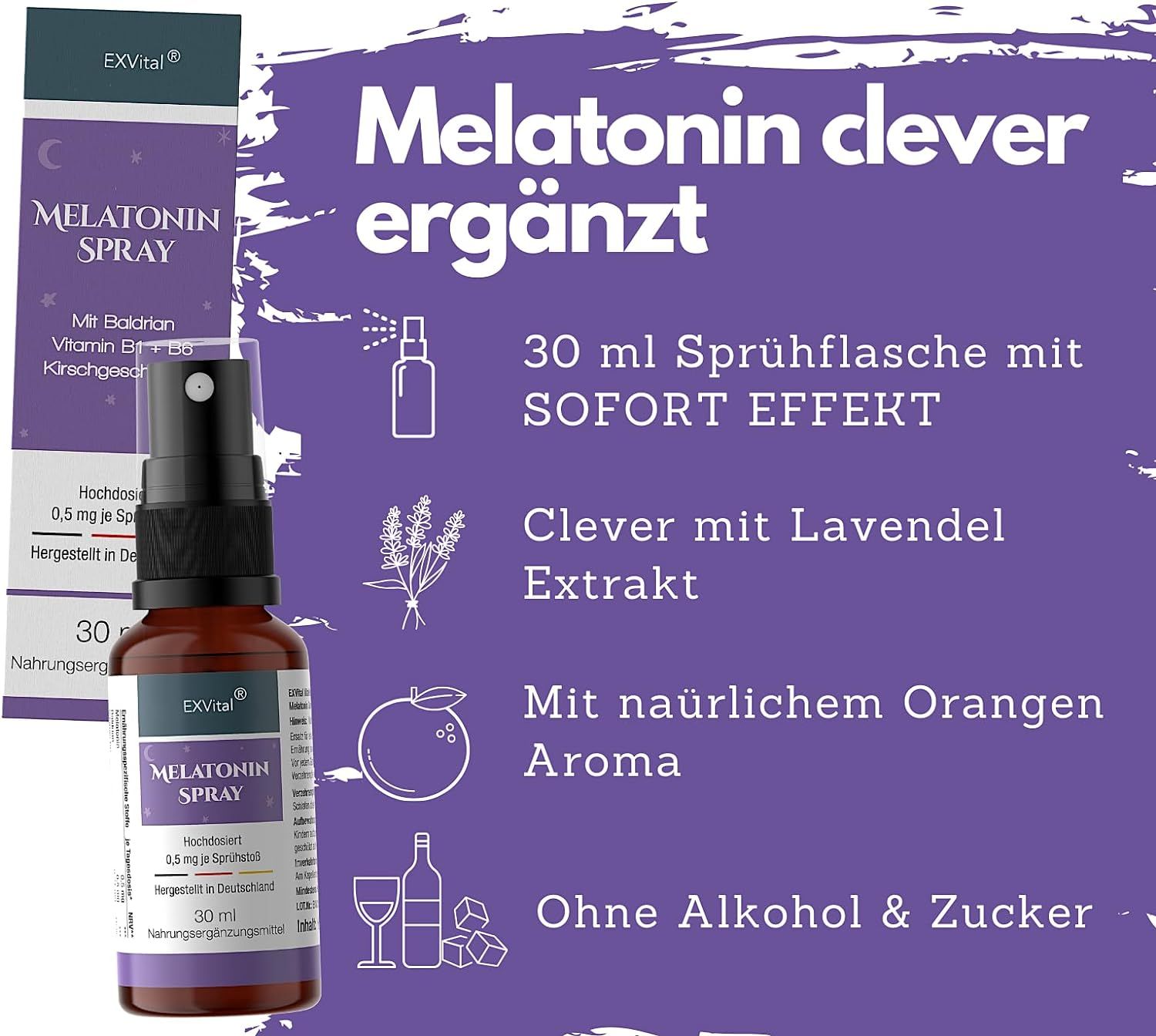 EXVital Melatonin Spray Flasche und Verpackung mit Details zu Inhaltsstoffen und Wirkung.