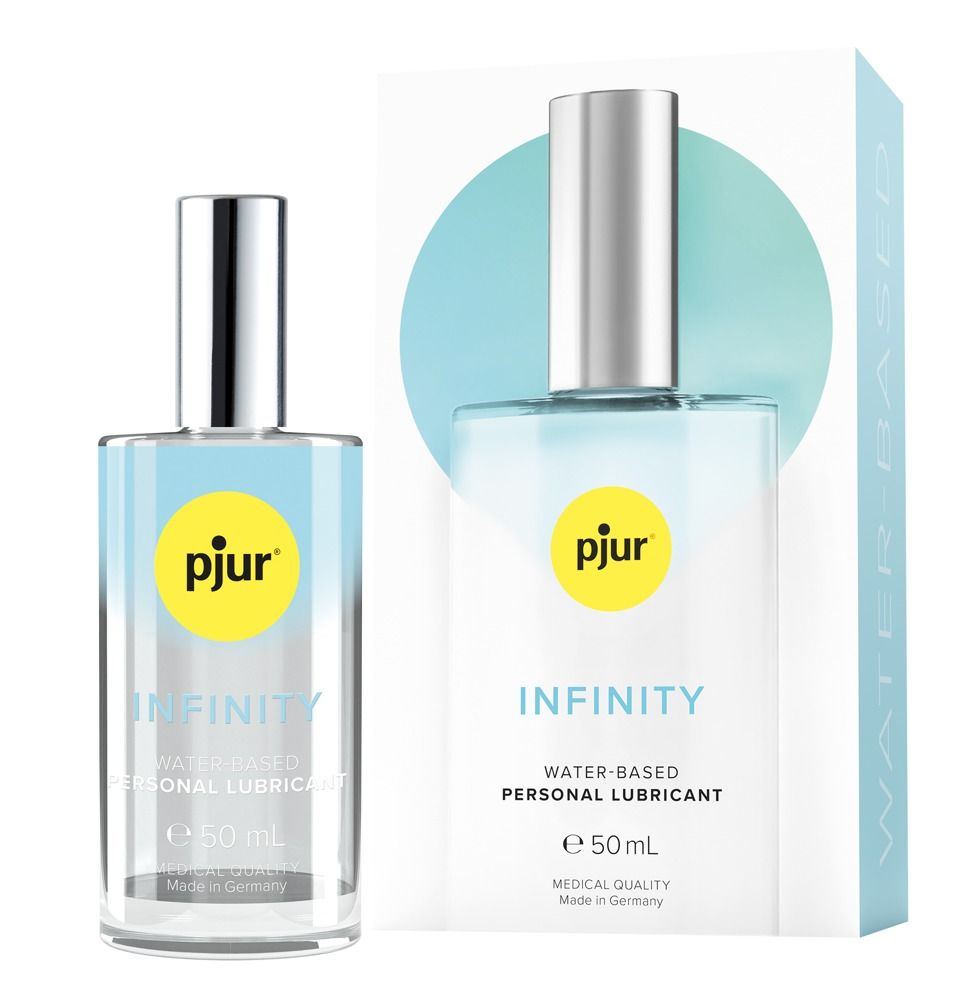 Eine transparente Flasche mit silbernem Deckel und gelbem Etikett mit dem Wort „pjur“. Aufschrift „INFINITY“ und „WATER-BASED PERSONAL LUBRICANT“.