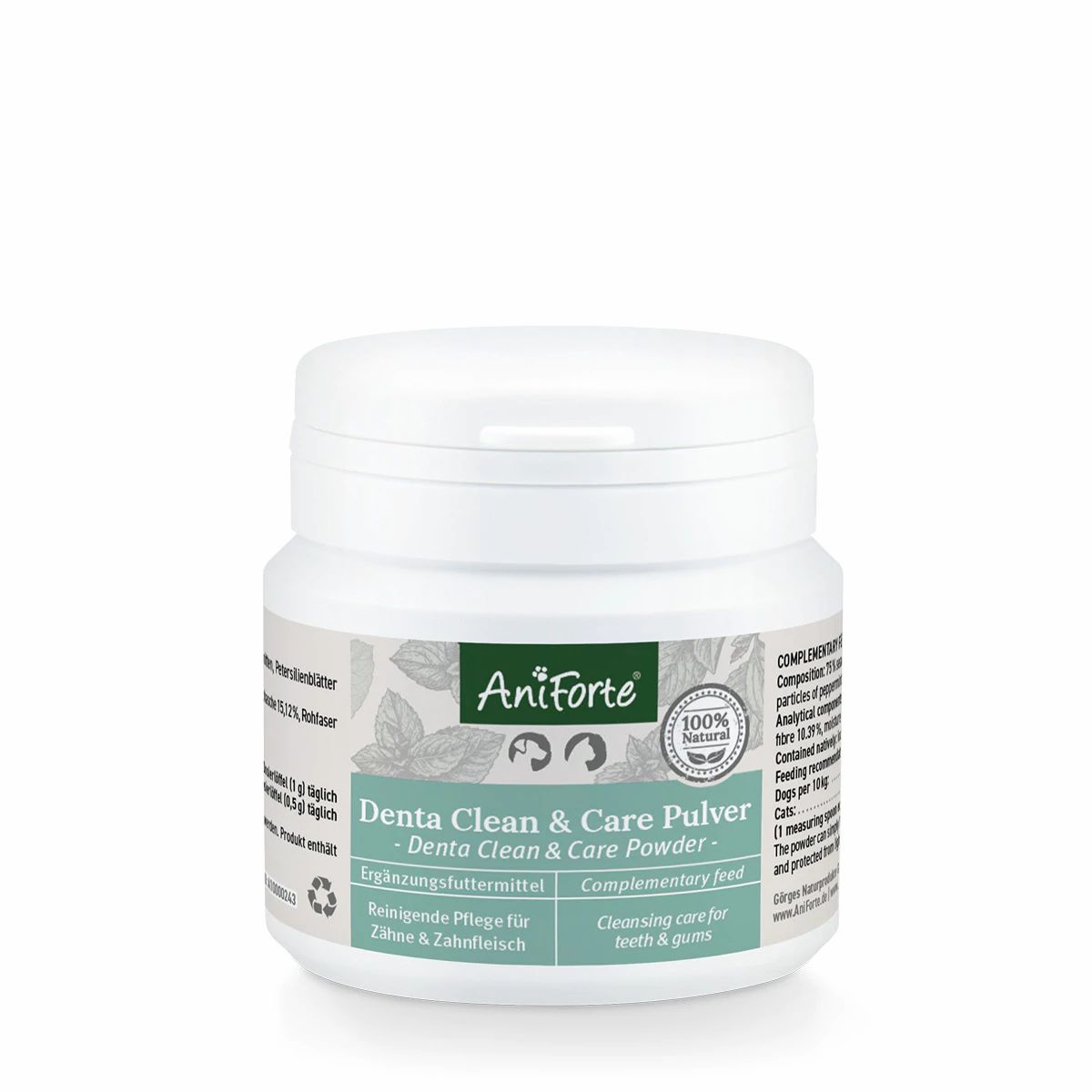 Weiße Dose mit AniForte-Logo und Produktbezeichnung Denta Clean & Care Pulver. Text: Reinigende Pflege für Zähne & Zahnfleisch.