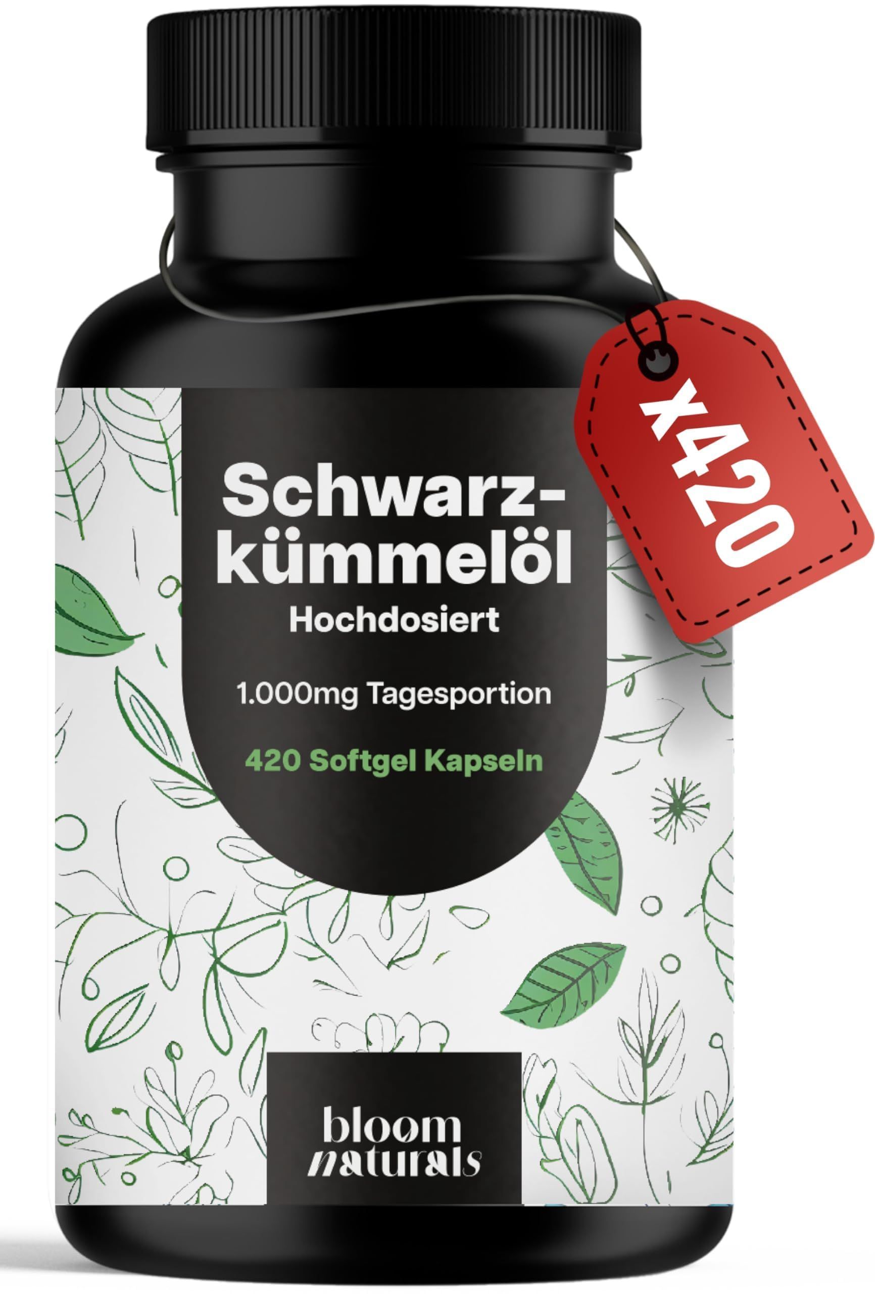 Schwarzkümmelöl Hochdosiert Softgel Kapseln von Bloom Naturals. 420 Kapseln.