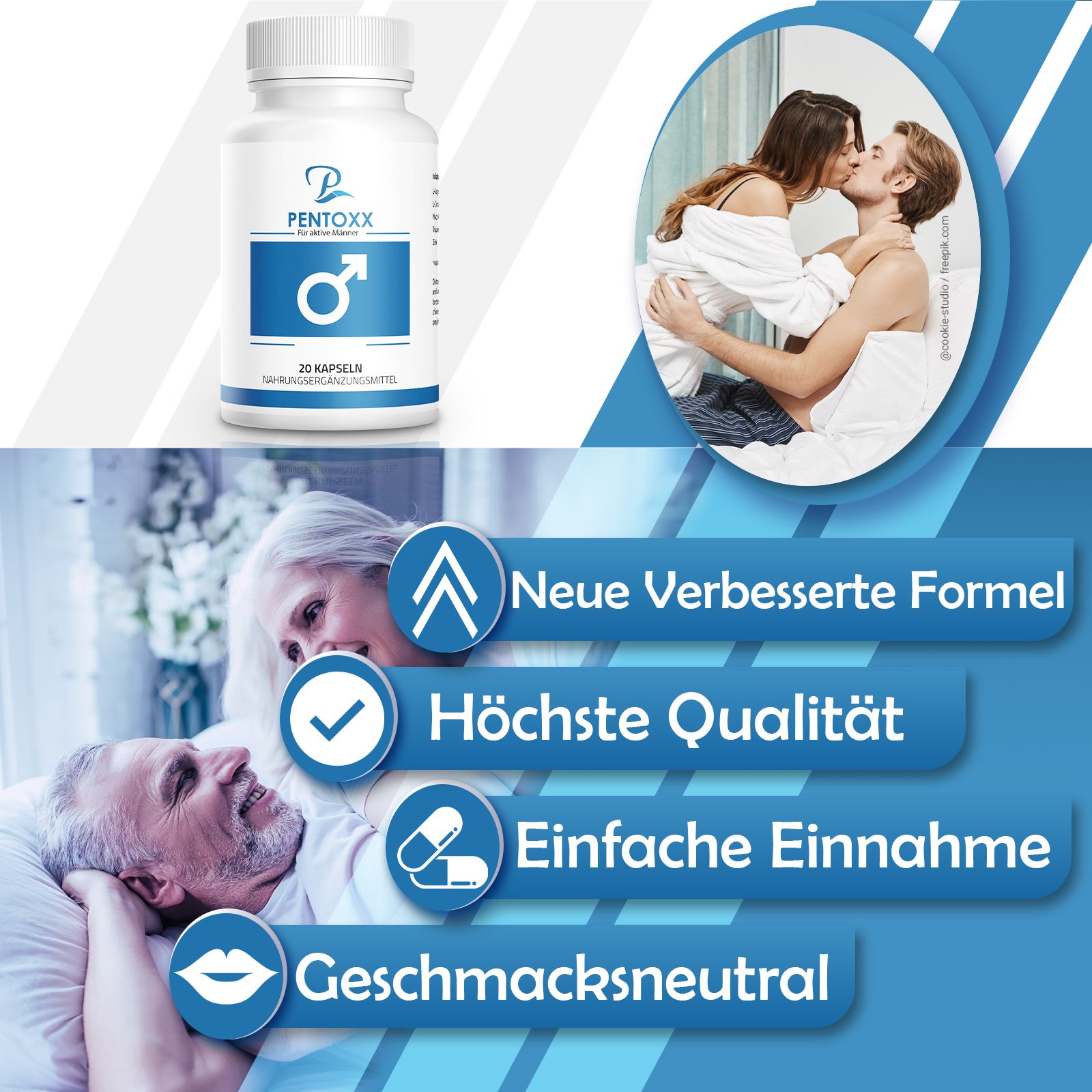 Flasche mit Pentoxx für Männer. 20 Kapseln. Nahrungsergänzungsmittel. Männliches Symbol. Hintergrund: Paare, Text.