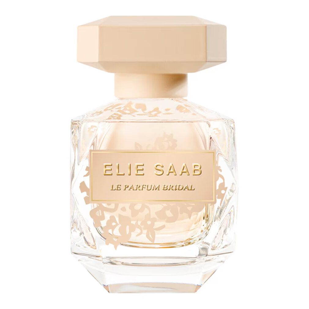 Parfümflakon mit beigem Deckel. Auf dem Etikett steht "ELIE SAAB Le Parfum Bridal". Der Flakon ist transparent.
