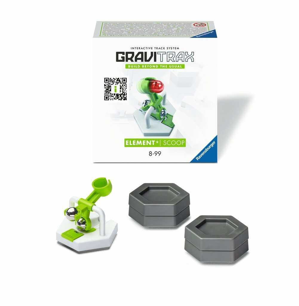 Accessorio Ravensburger GraviTrax Element Scoop. Il set include un meccanismo a cucchiaio verde, due elementi esagonali grigi e una confezione con il logo GraviTrax. Lo scoop ha una base bianca e sfere argentate. La confezione mostra il prodotto e il suo nome.