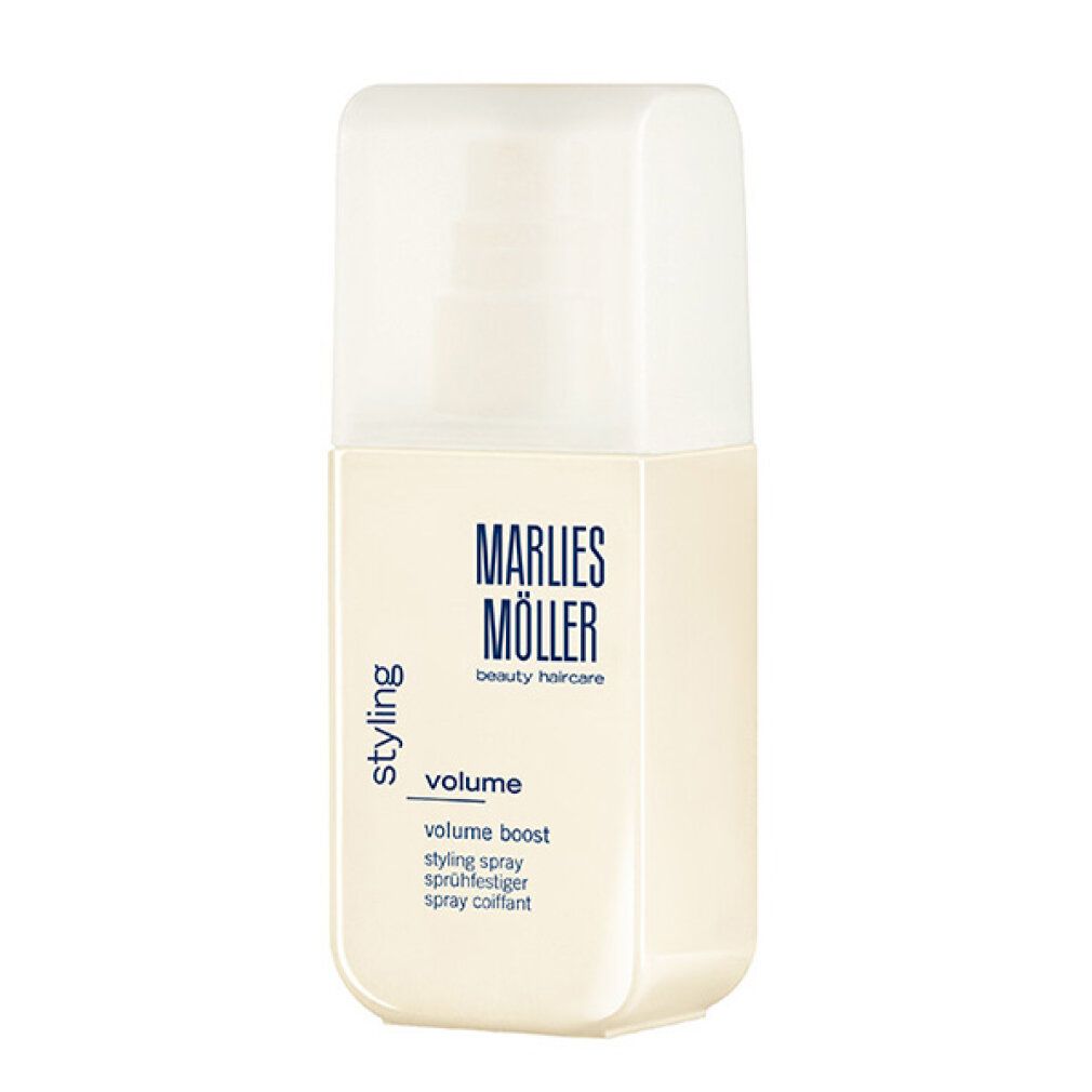 Beige Sprühflasche mit weißem Deckel. Aufschrift: Marlies Möller, Volume Styling Spray. Blaue Akzente.