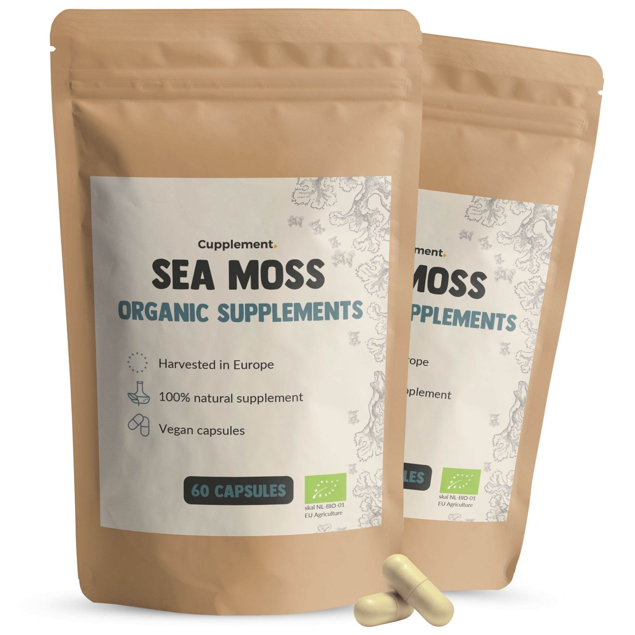 Zwei Beutel Sea Moss Organic Supplements. 60 Kapseln. Vegan. EU-Bio-Zertifizierung. Braune Verpackung.