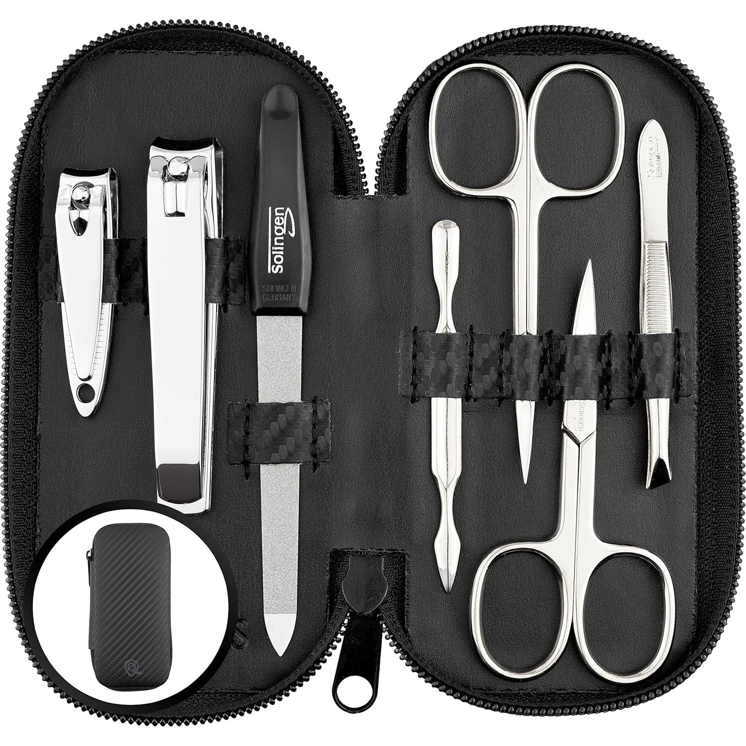Schwarzes Maniküre-Set in einer offenen, schwarzen Tasche. Enthält Nagelscheren, Feile, Nagelknipser, Pinzette und weitere Werkzeuge.