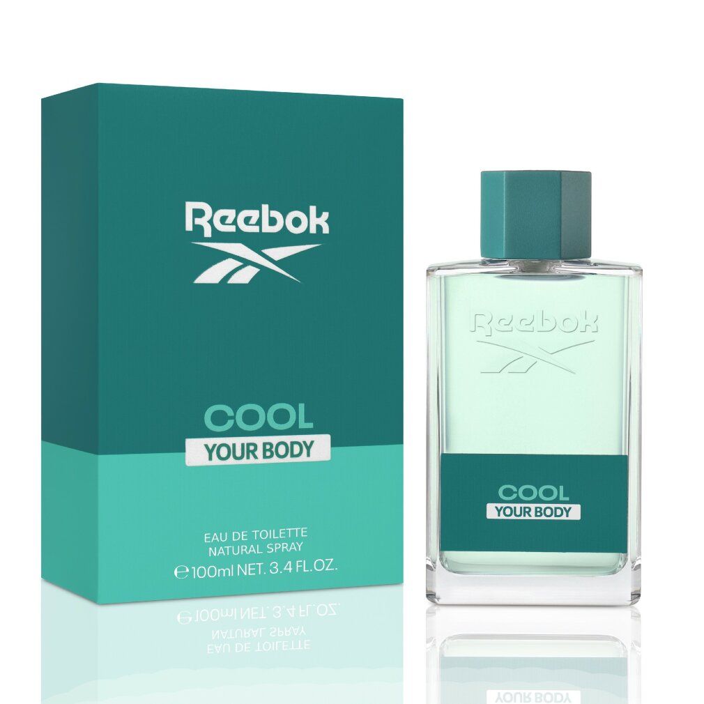 Flasche und Verpackung. Aufschrift Reebok und COOL YOUR BODY. Flasche mit grünem Verschluss. Verpackung grün.