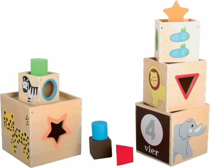 Holz-Steckboxen mit Tier- und Formmotiven. Verschiedene Formen und Farben. Einzelne Teile liegen daneben.
