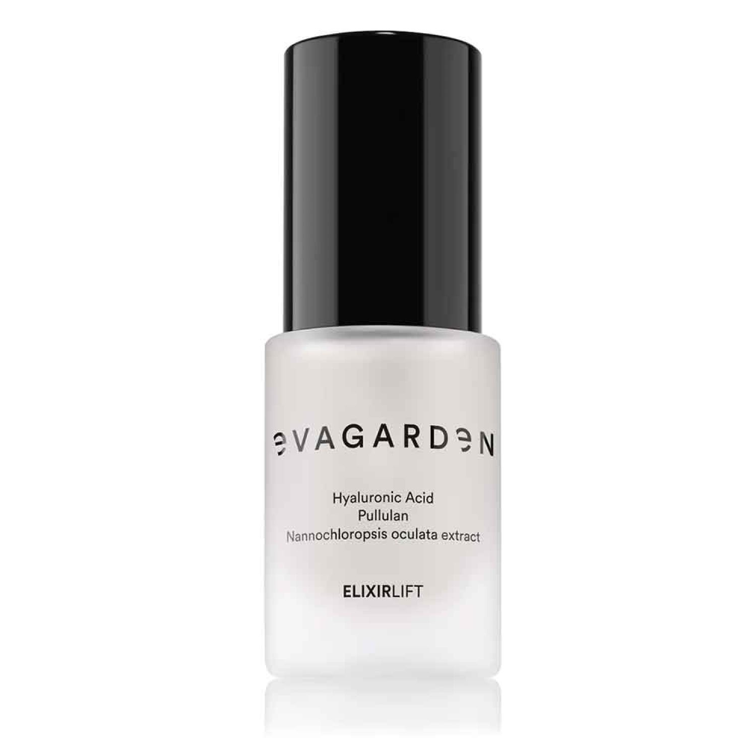 Elixirlift-Flasche mit schwarzem Deckel. Aufschrift: Eva Garden, Hyaluronsäure, Pullulan, Nannochloropsis oculata extract, Elixirlift.