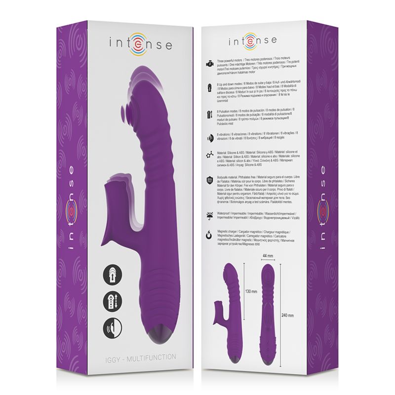 Verpackung für einen lila Vibrator. Aufdruck: Marke 'intense', Produktname 'Iggy'. Illustrationen und technische Daten.