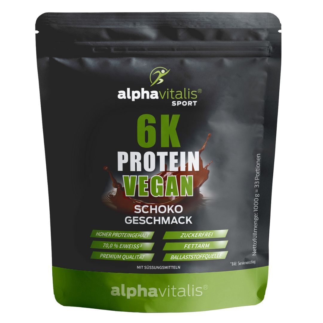 Alphavitalis 6K Protein vegan Schoko Geschmack Pulver im Standbodenbeutel.