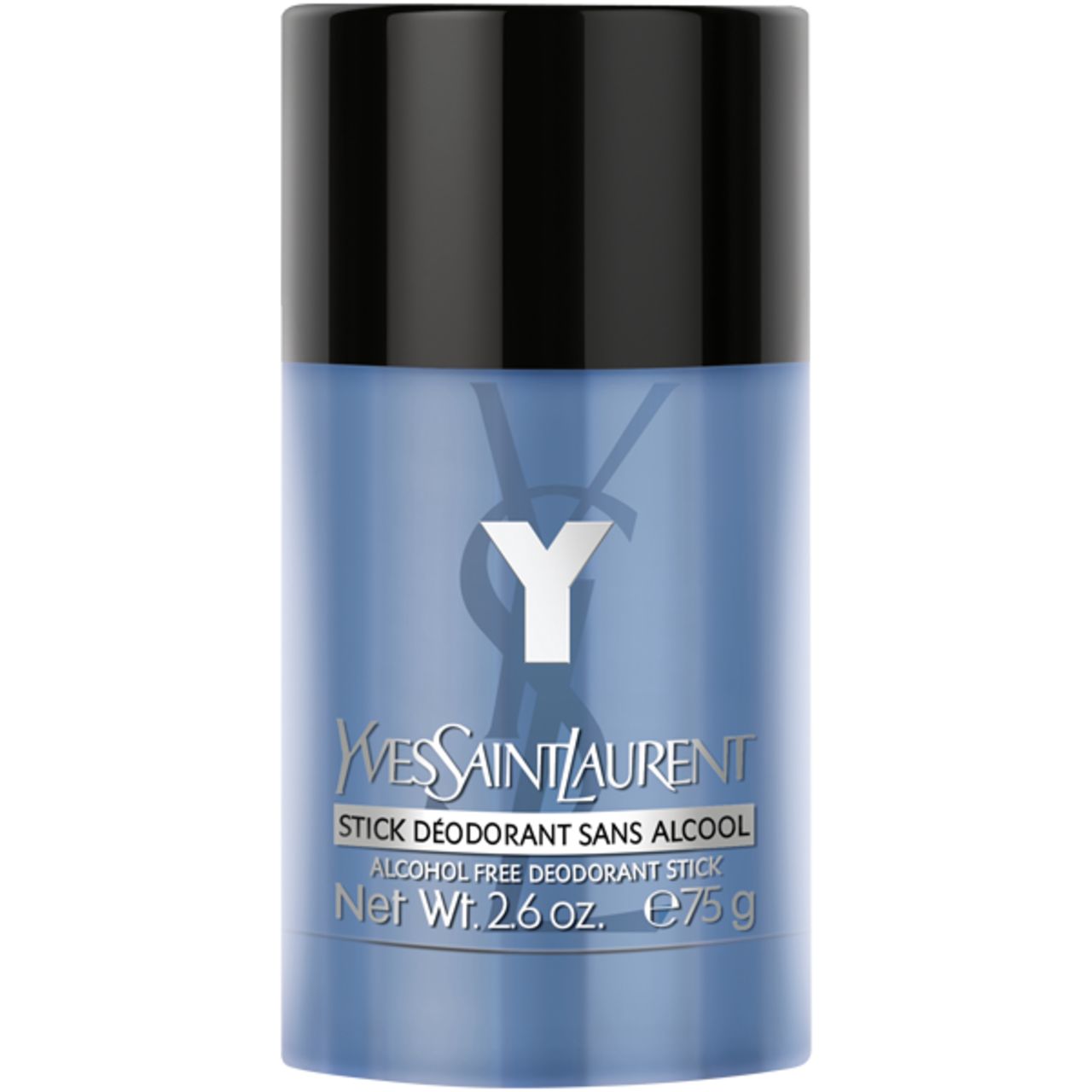 Yves Saint Laurent Y Deodorant Stick. Zylindrische Form, blau-schwarze Farbgebung. Produktname und Logo sichtbar.