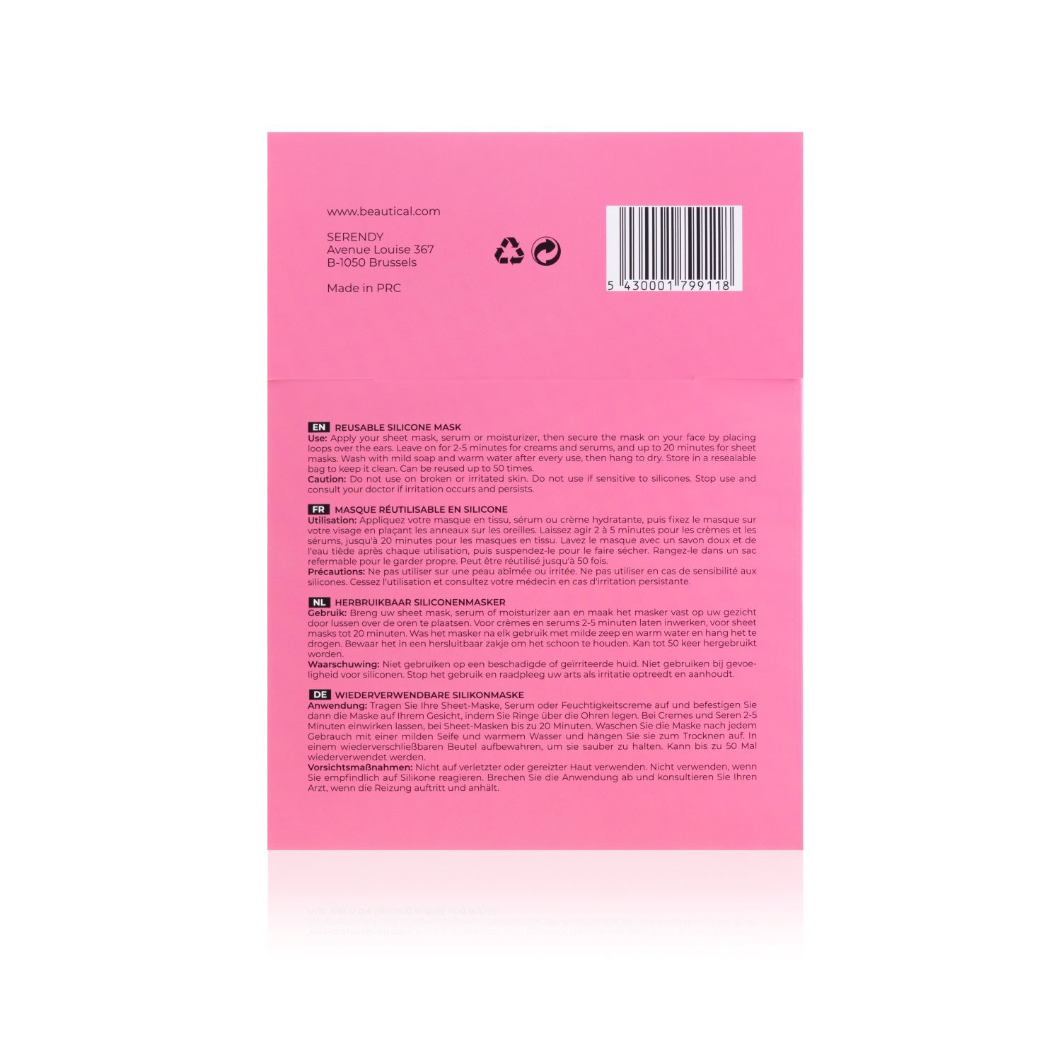 Dos de l'emballage rose. Texte: REUSABLE SILICONE MASK. Contient des instructions et des informations sur l'utilisation du produit.