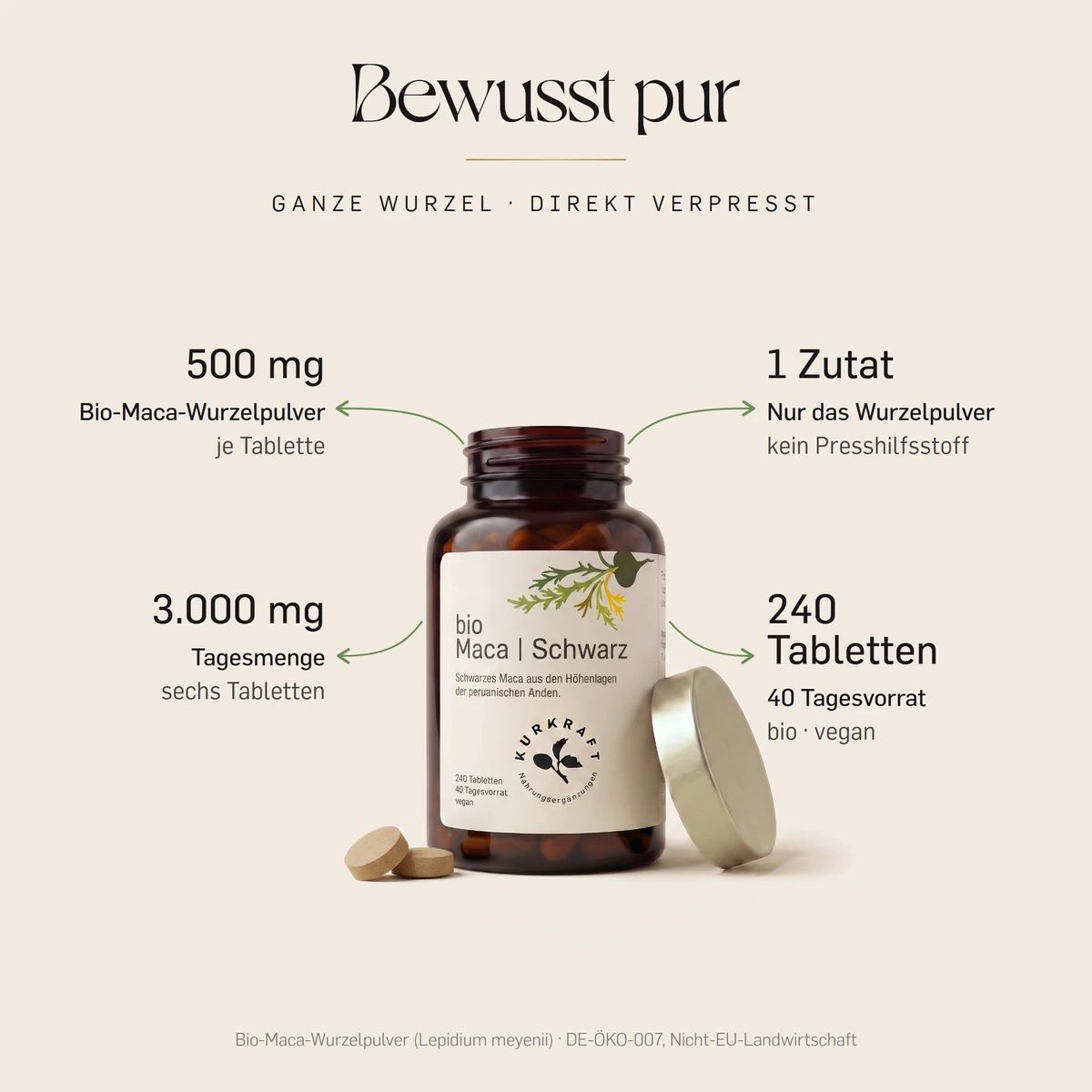 Kurkraft Bio Maca Schwarz: 500mg pro Tablette, 3000mg Tagesdosis, 240 Tabletten, vegan.