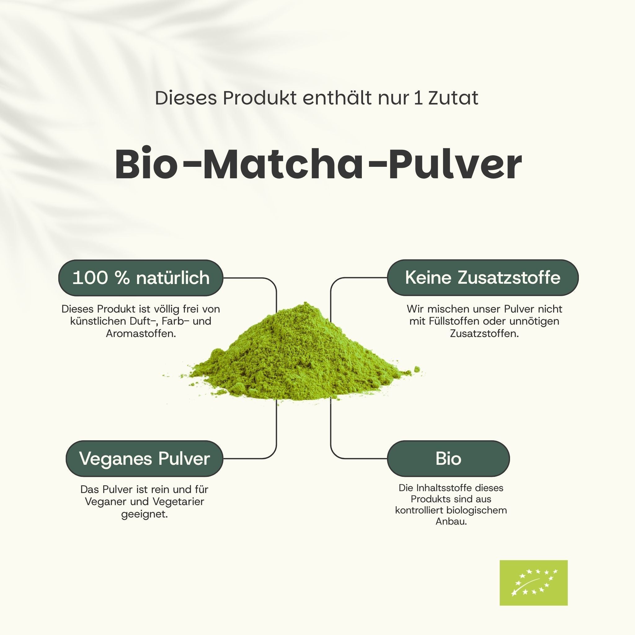 Haufen von grünem Bio-Matcha-Pulver, daneben Textfelder zu 100% natürlich, keine Zusatzstoffe, veganes Pulver und Bio.