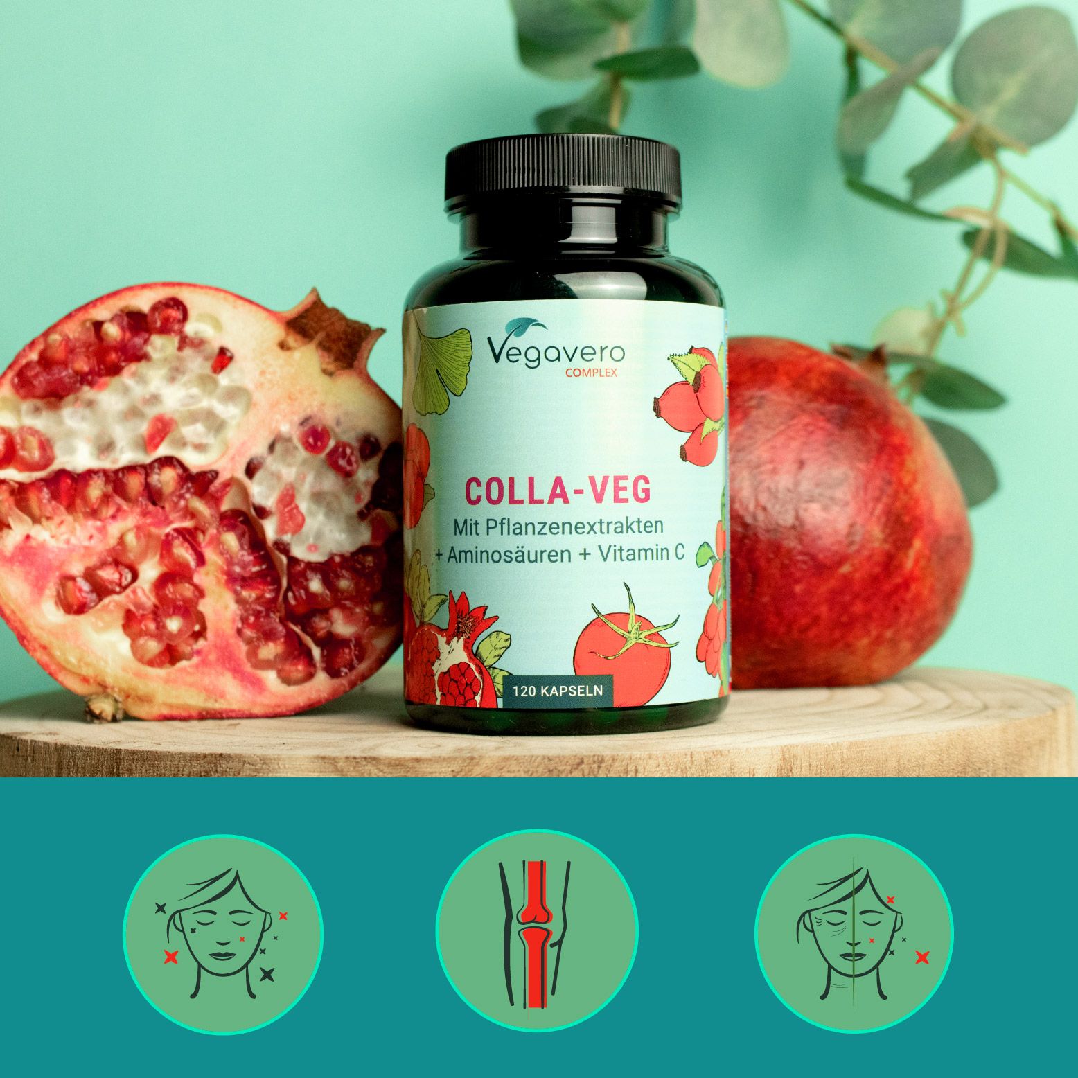 Flasche Colla-Veg neben Granatapfel und Tomate. Vegavero Complex. Mit Pflanzenextrakten, Aminosäuren und Vitamin C. 120 Kapseln. Illustrationen von Gesichtern und Gelenken.