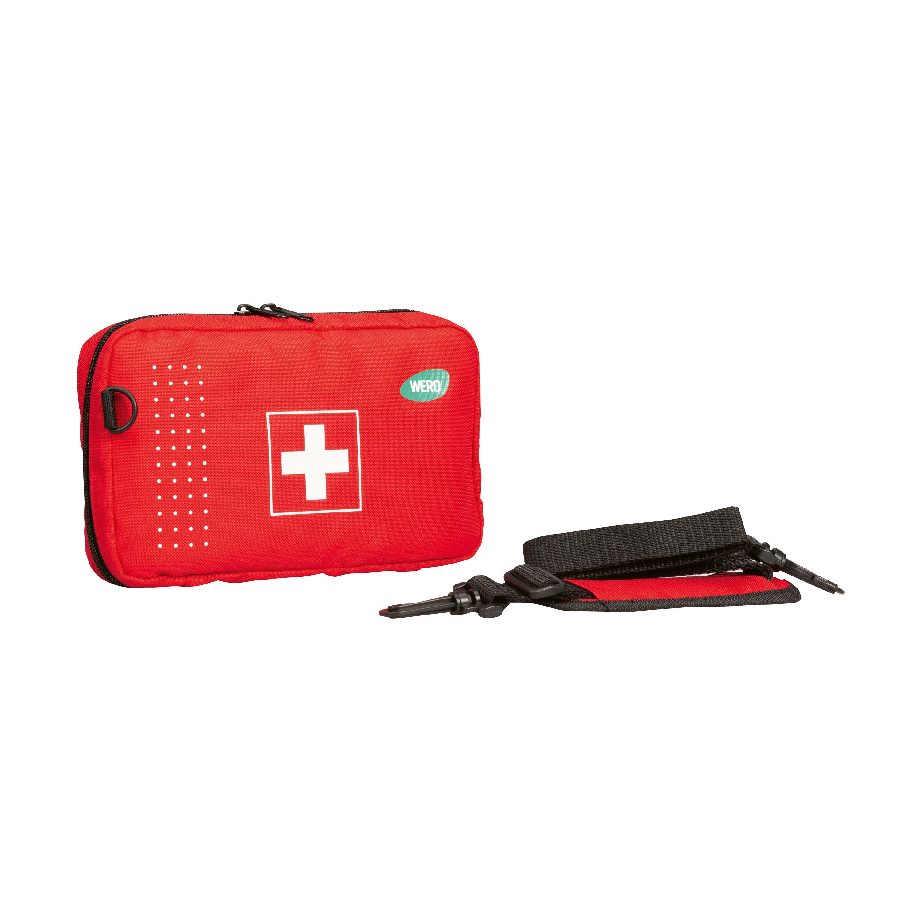 Rote Erste-Hilfe-Tasche mit weißem Kreuz, Reißverschluss, Trageschlaufe und Schultergurt. Logo "WERO".