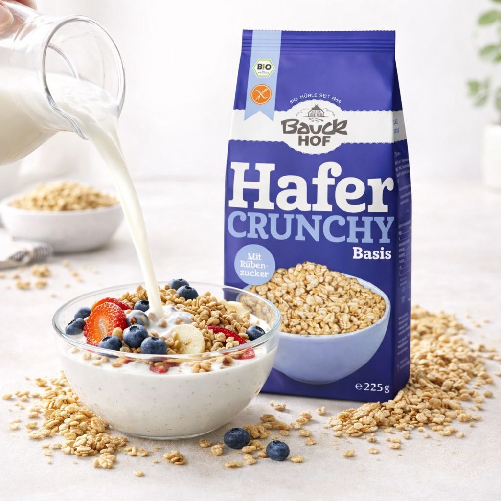 Bauckhof Hafer Crunchy Basis glutenfrei: Milch wird in eine Schale mit Joghurt, Früchten und Müsli gegossen.
