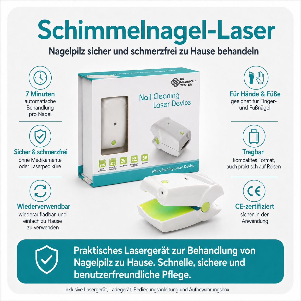 Schimmelnagel-Lasergerät mit Informationen zu Anwendung und CE-Zertifizierung.