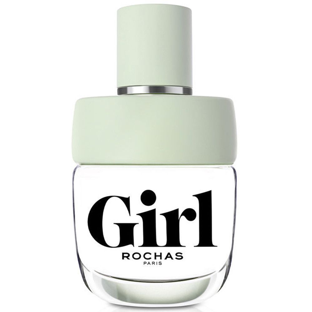 Rochas Girl Eau de Toilette Spray. Hellgrüne Flasche mit schwarzem Schriftzug Girl. Transparente Glasflasche mit hellgrünem Verschluss.