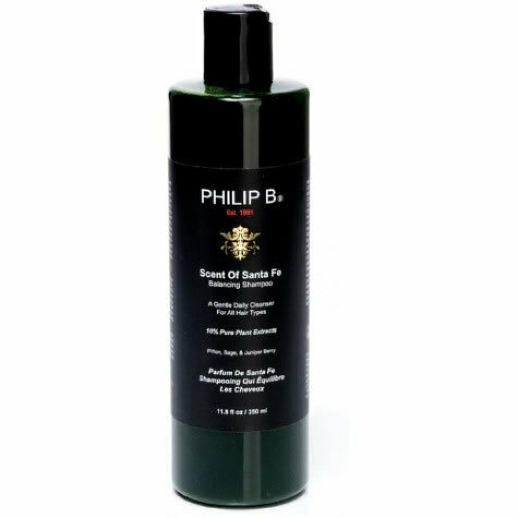 Dunkelgrüne Shampoo-Flasche mit schwarzem Deckel. Aufschrift: Philip B. Scent of Santa Fe Balancing Shampoo. 11.8 fl oz / 350 ml.