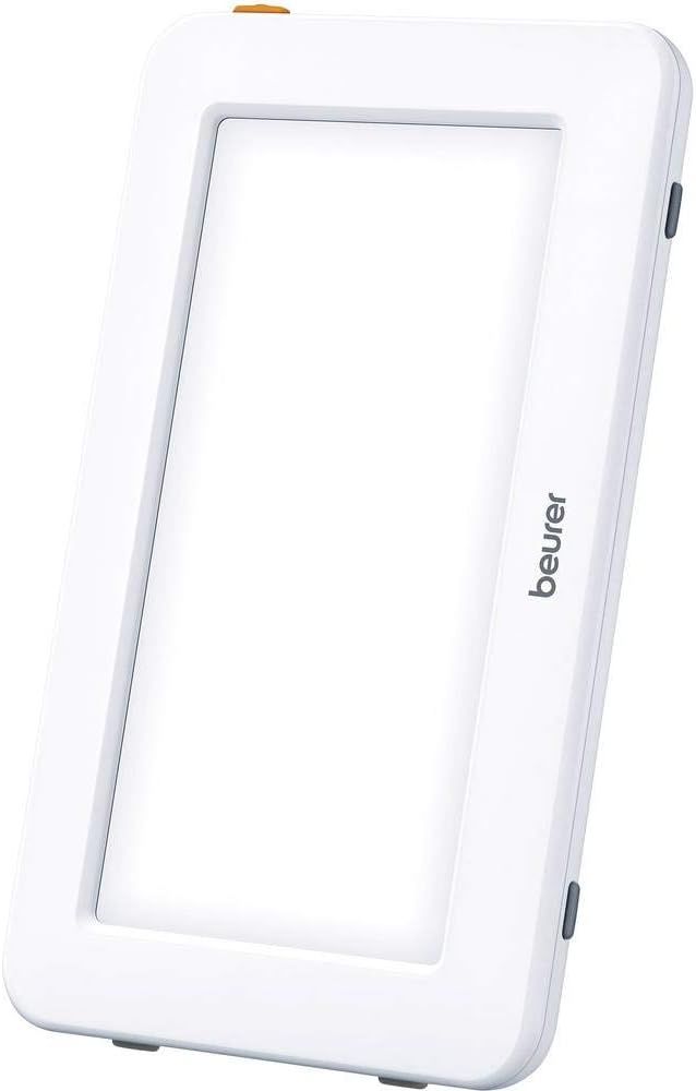 Weiße Tageslichtlampe mit dem Schriftzug "beurer". Oben und an den Seiten befinden sich graue Knöpfe.
