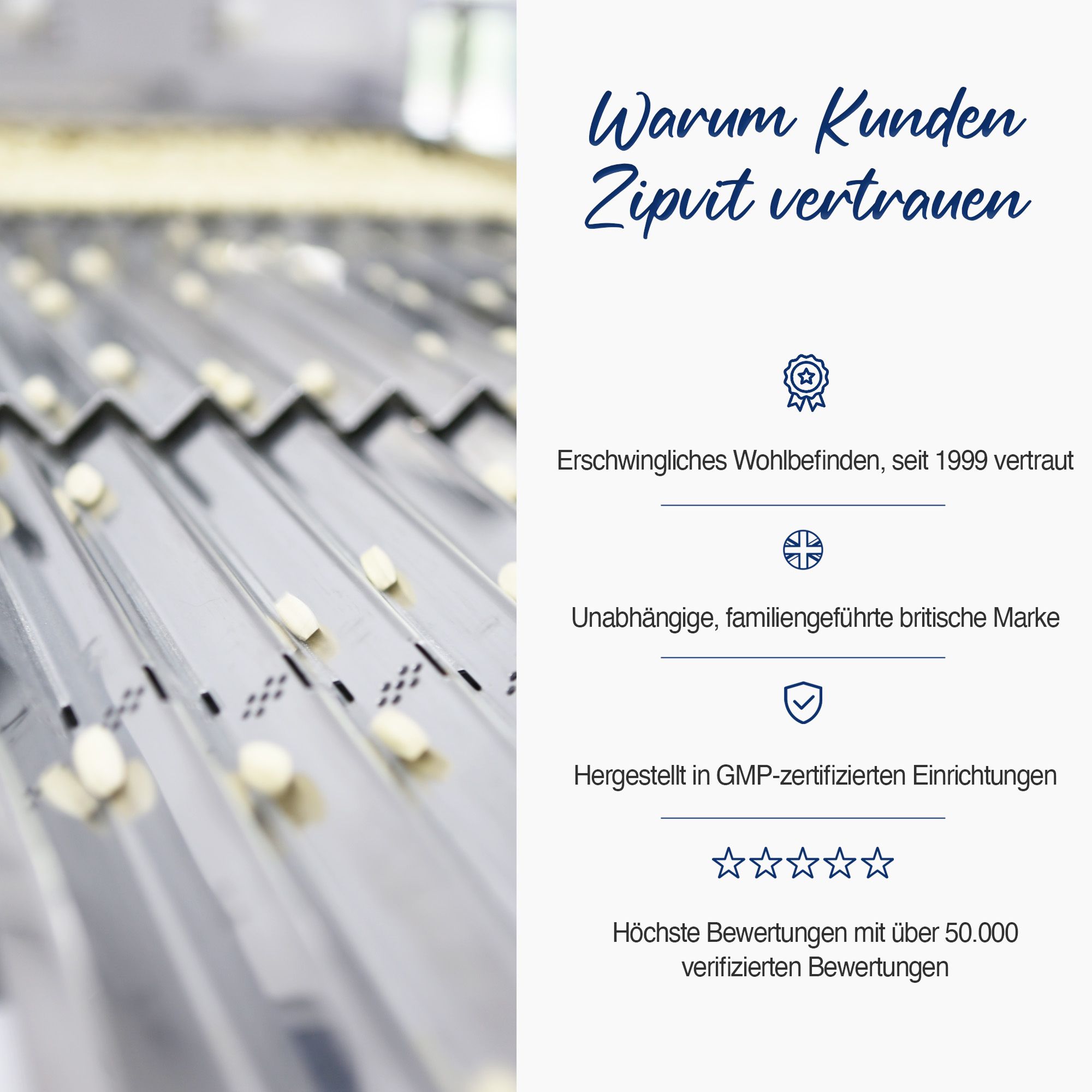 Text über die Vorteile von Zipvit. Erschwingliches Wohlbefinden, britische Marke, GMP-zertifiziert, hohe Bewertungen.