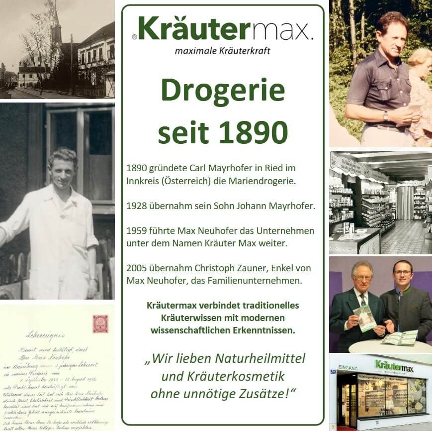 Collage zur Geschichte der Kräutermax-Drogerie seit 1890. Fotos, Logo, Text: Drogerie seit 1890, Naturheilmittel.