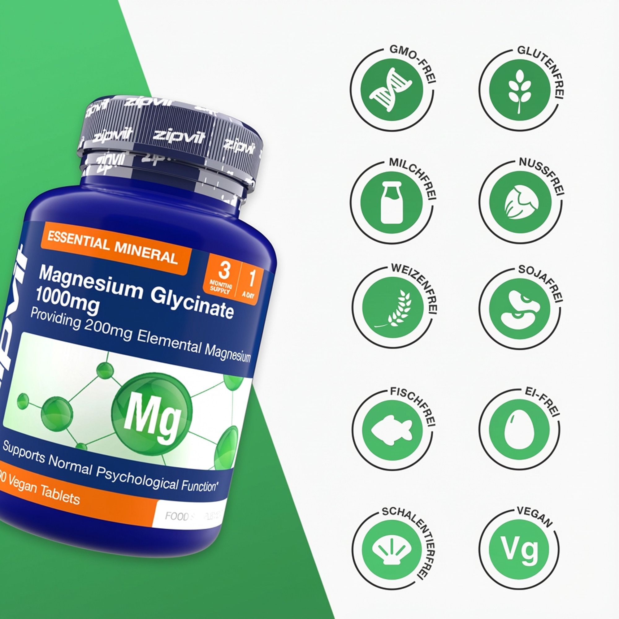 Blaue Flasche Zipvit Magnesium Glycinat 1000mg. Text: GMO-frei, glutenfrei, milchfrei, nussfrei, weizenfrei, sojafrei, fischfrei, eifrei, schalenentierfrei, vegan.