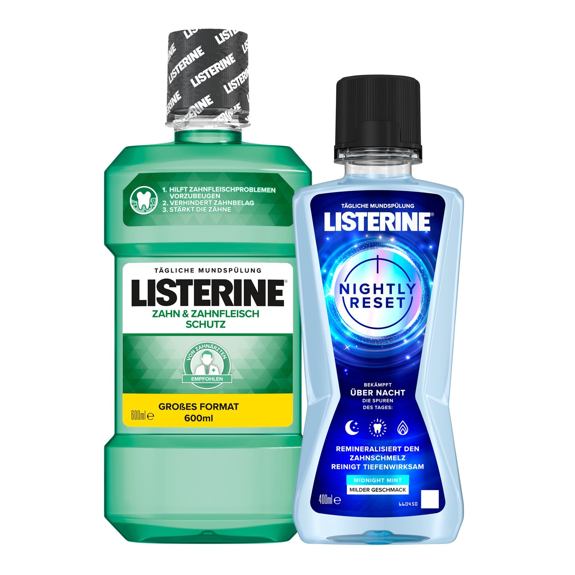 Zwei Flaschen Mundspülung. Eine grüne Flasche mit "Zahn & Zahnfleisch Schutz". Eine blaue Flasche mit "Nightly Reset".