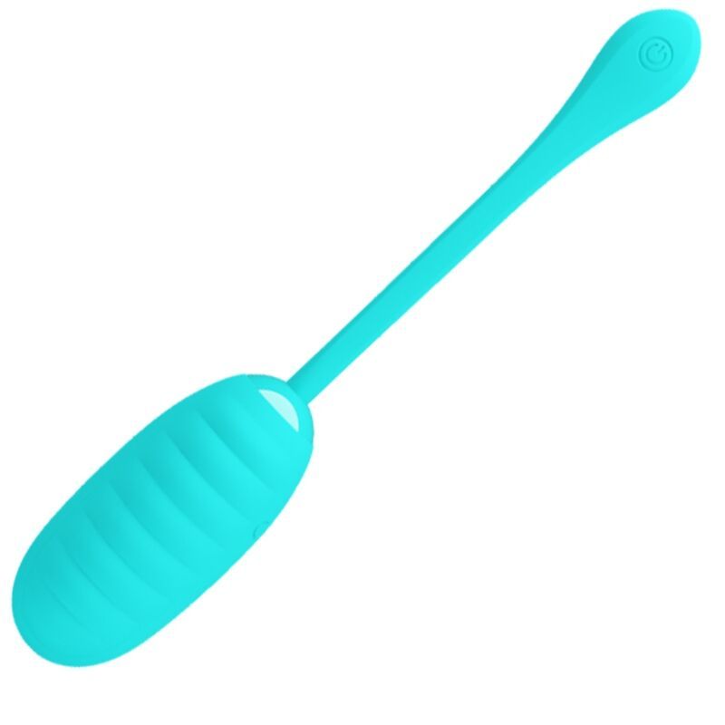 Türkisfarbenes, längliches Wellness-Produkt mit geriffelter Oberfläche und Stiel. Am Ende des Stiels befindet sich ein Knopf.